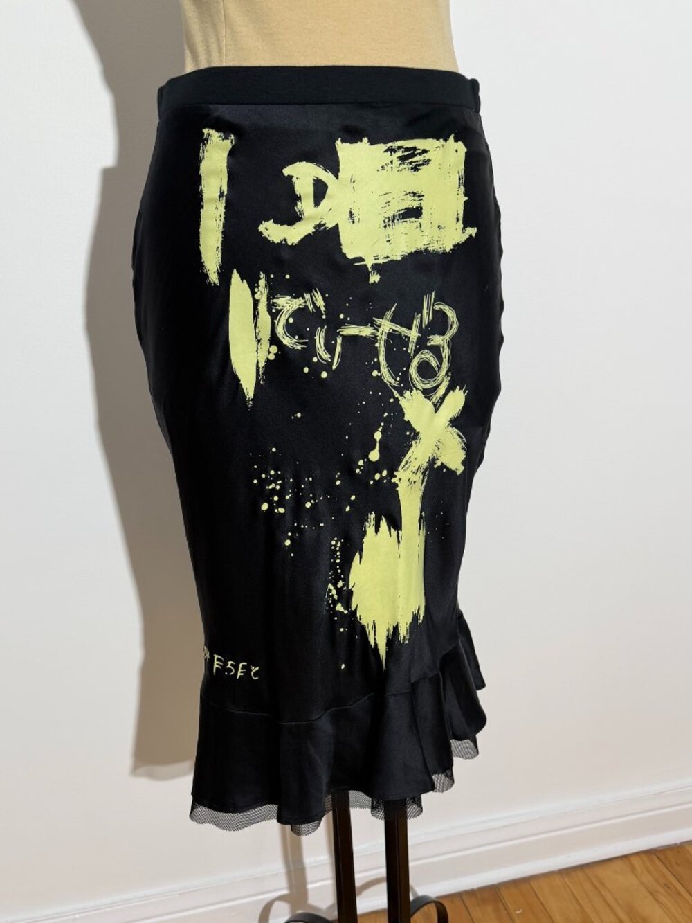 Rare Diesel Y2K Black Graphic Print Midi Silk Ruffled Hem Skirt